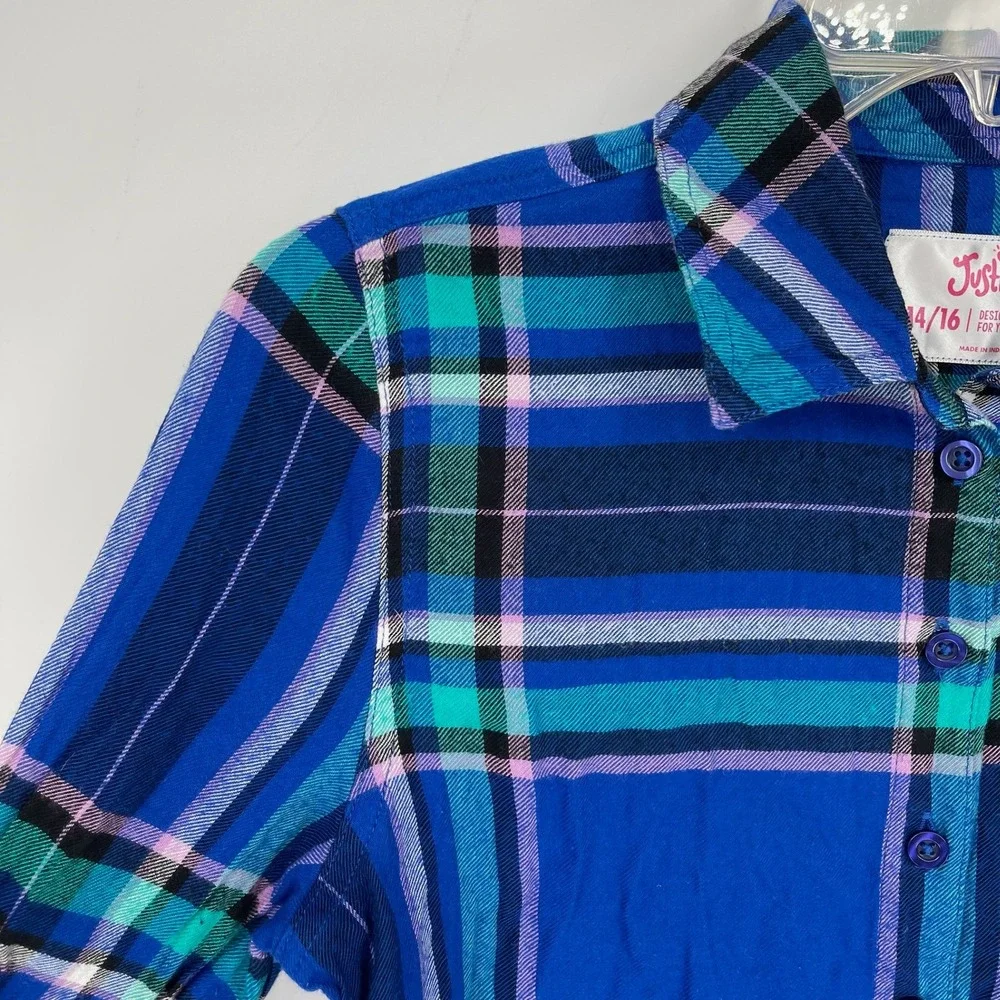 Justice Girl's Blue Plaid Long Sleeve Button Front School Shirt Top Size 14-16